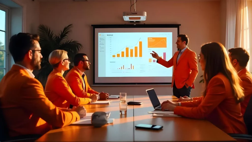 Reunião de negócios com equipe assistindo a uma apresentação sobre gráficos e dados de crescimento em um ambiente corporativo bem iluminado. Felicidade no trabalho