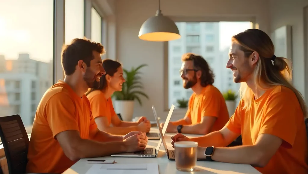 Reunião de negócios com equipe assistindo a uma apresentação sobre gráficos e dados de crescimento em um ambiente corporativo bem iluminado. Felicidade no trabalho