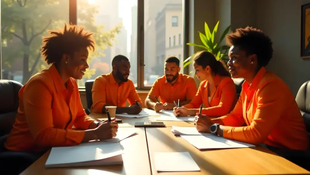 Cinco pessoas vestindo camisetas laranjas estão sentadas em torno de uma mesa em um escritório iluminado pelo sol, engajadas em uma negociação coletiva sobre saúde mental  com cadernos, canetas e xícaras de café à sua frente.