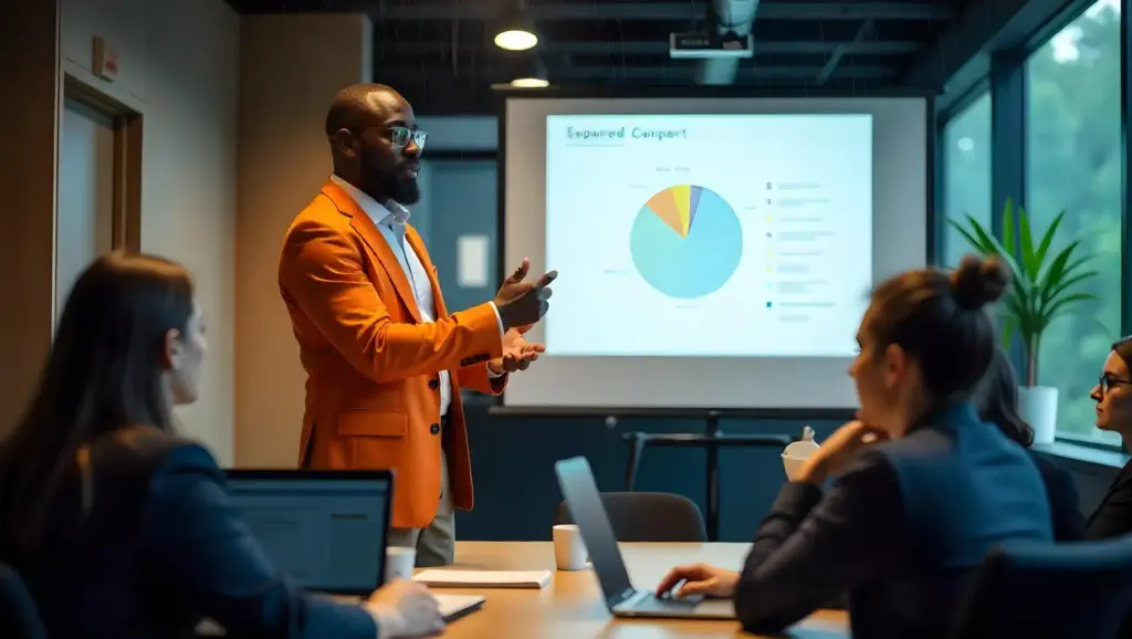 RH Generalista homem apresentando gráficos e dados em uma reunião de negócios com equipe de mulheres em um ambiente de escritório moderno.