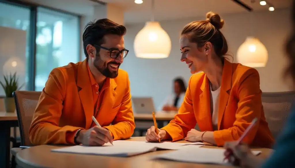 Pessoas realizando uma atividade de crossboarding em um ambiente de escritório, envolvendo colaboração, troca de ideias e trabalho em equipe de forma divertida.