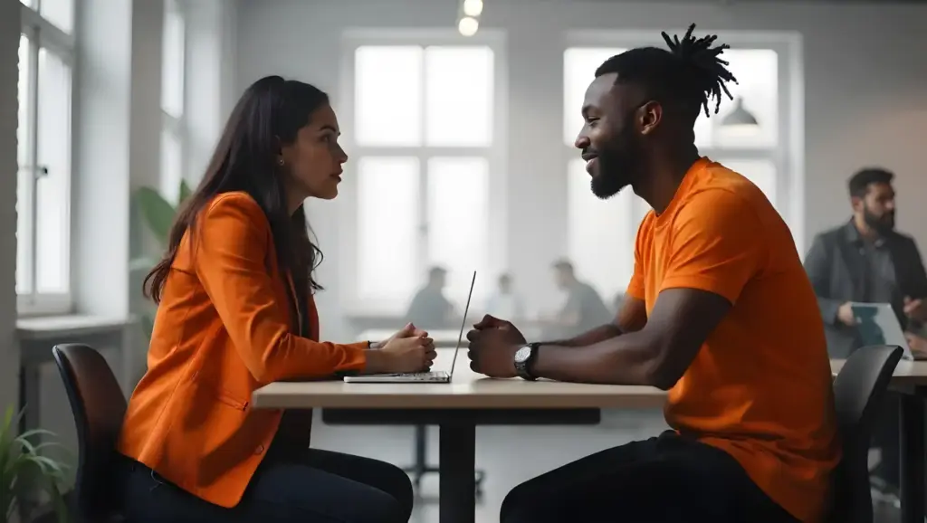 Entrevista de emprego entre uma jovem mulher e um homem, ambos sorrindo e sentados em uma mesa de escritório moderna com fundo de janelas amplas.