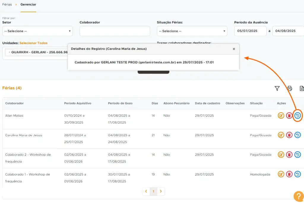 Gerenciamento de férias com destaque para as ações de edição e exclusão de registros em sistema de controle de férias.