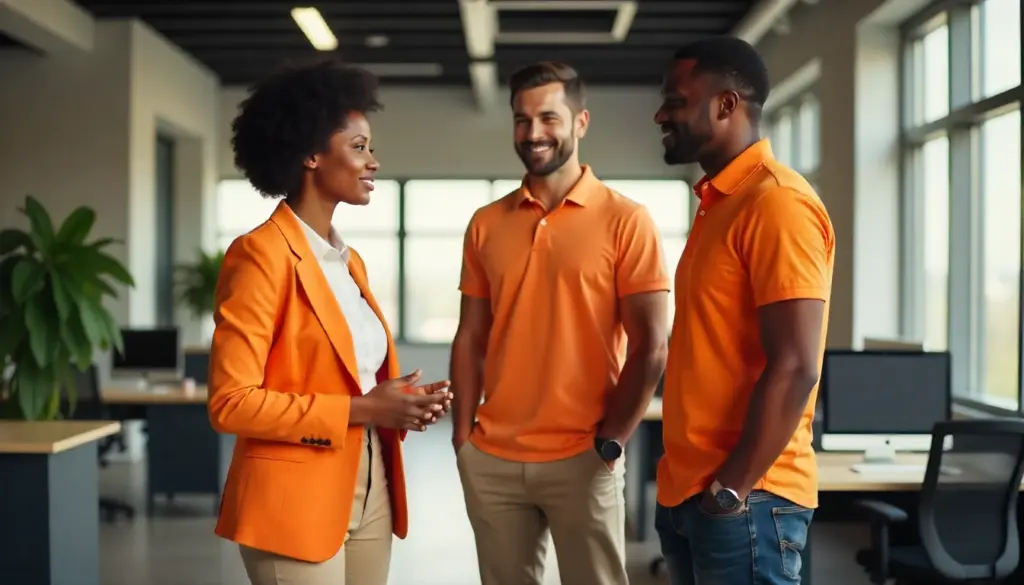 Três profissionais conversando em ambiente de escritório moderno, simbolizando a importância da gestão de pessoas para o sucesso empresarial.