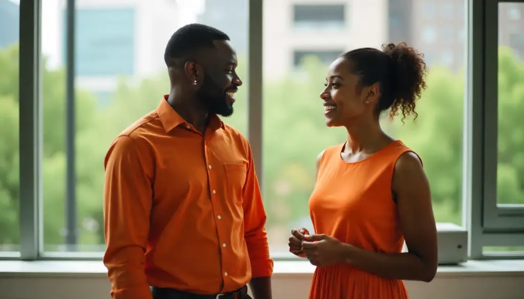 Duas pessoas conversando em um ambiente de escritório com foco em gestão de pessoas, sutileza na comunicação e relacionamento profissional.