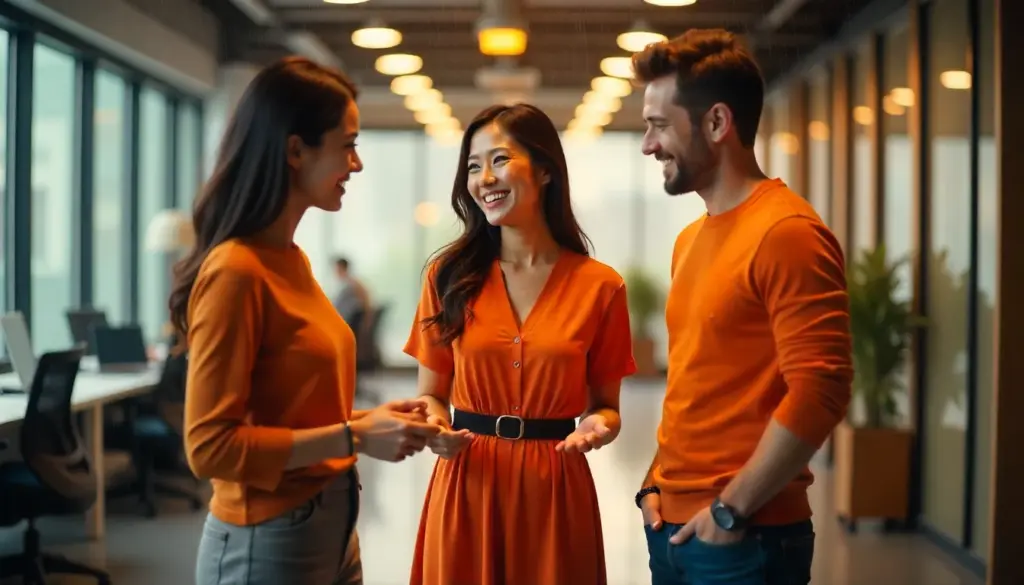 Três profissionais de negócios sorridentes e engajados discutindo estratégias de gestão de pessoas em um ambiente de escritório moderno e colaborativo.