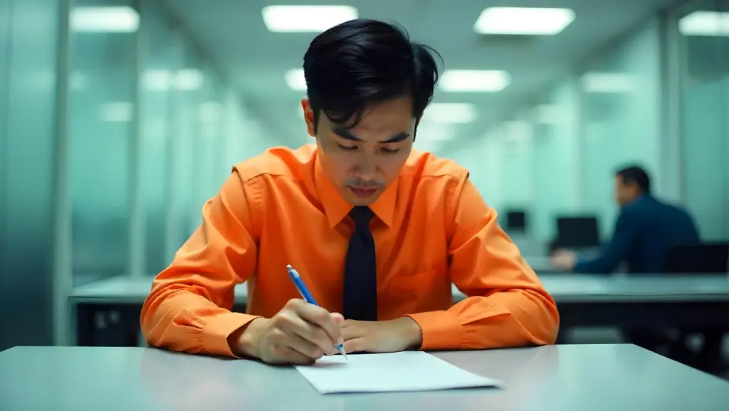 Homem concentrado usando camisa laranja e gravata azul, escrevendo em uma mesa de escritório moderno e bem iluminado, ambiente corporativo