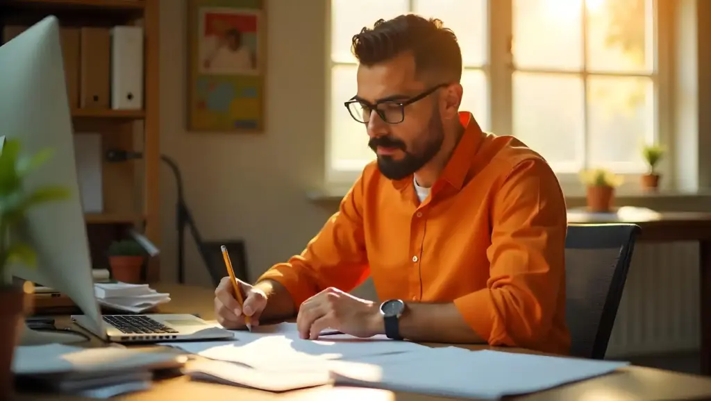 Homem de óculos e barba, usando camisa laranja, trabalha concentrado em seu escritório com iluminação natural e ambiente organizado preenchendo uma rescisão de trabalho.