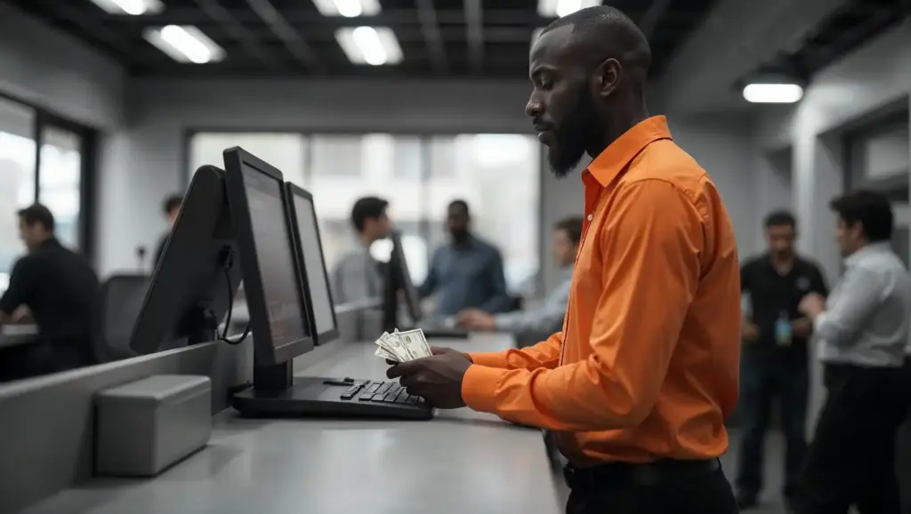 Homem de terno laranja realizando uma transação financeira com dinheiro em uma loja ou caixa, enquanto várias pessoas trabalham ao fundo em um ambiente corporativo moderno.