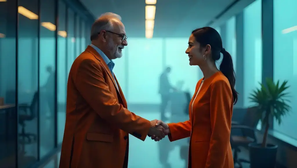 Homem e mulher sorrindo e se cumprimentando em um ambiente corporativo moderno, simbolizando networking, negócios ou parceria profissional.