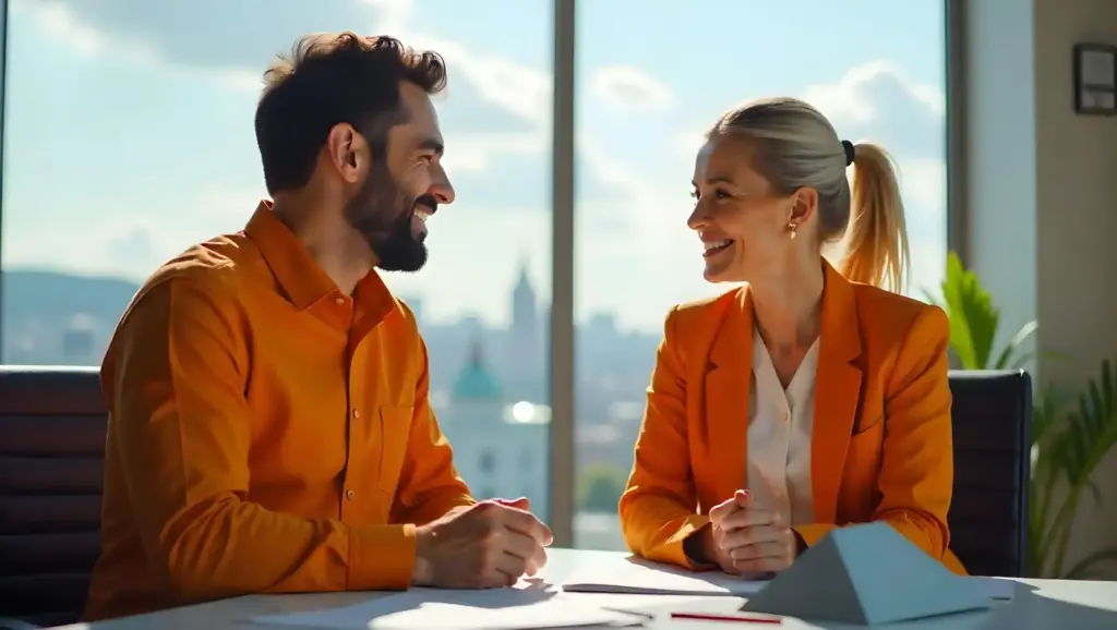 Homem e mulher sorrindo durante uma conversa de negócios sobre reajustar salários em um escritório com vista para a cidade, transmitindo confiança e profissionalismo.