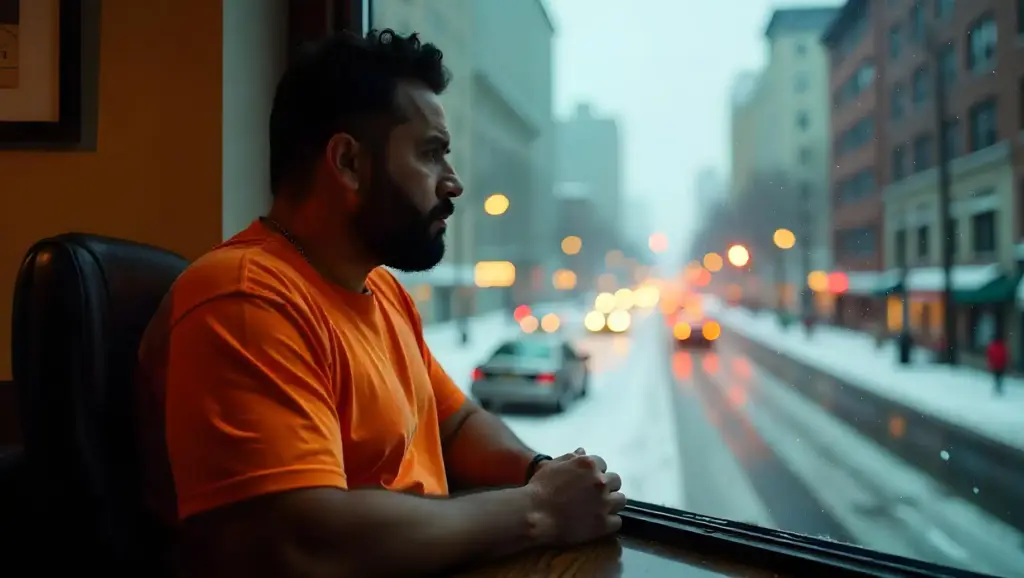 Homem pensando na saúde mental no trabalho, olhando pela janela de um ônibus em uma cidade durante o inverno, com neve na rua e luzes de veículos ao fundo.