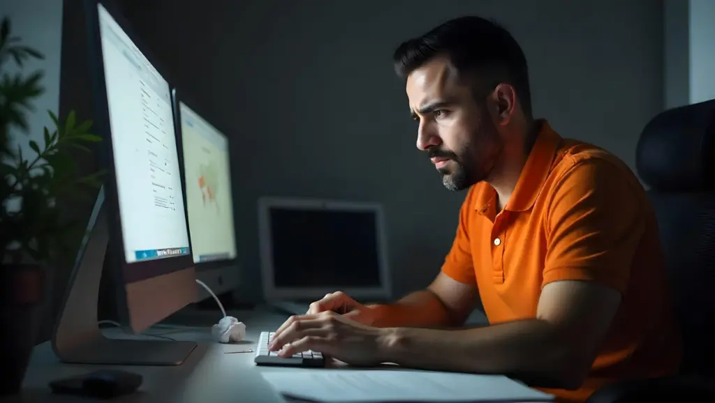Homem trabalhando em computador no escritório à noite, com foco na tela, observando perfis falsos e ambiente profissional bem iluminado.