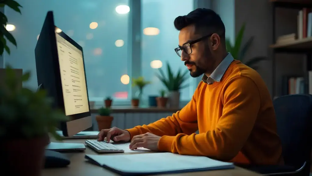 Homem trabalhando em escritório com computador e livros, ambiente de trabalho organizado e moderno durante a noite preenchendo Relatório de Transparência.