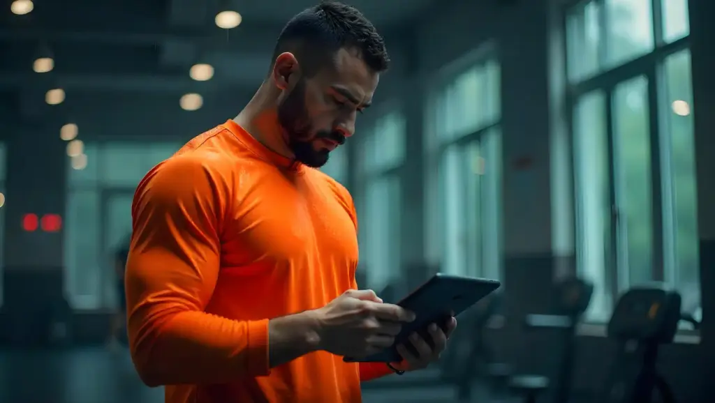 Homem com barba, usando camiseta laranja, verificando seu celular em uma academia moderna com janelas de vidro ao fundo. Ideal para quem busca dicas de fitness e treinos.
