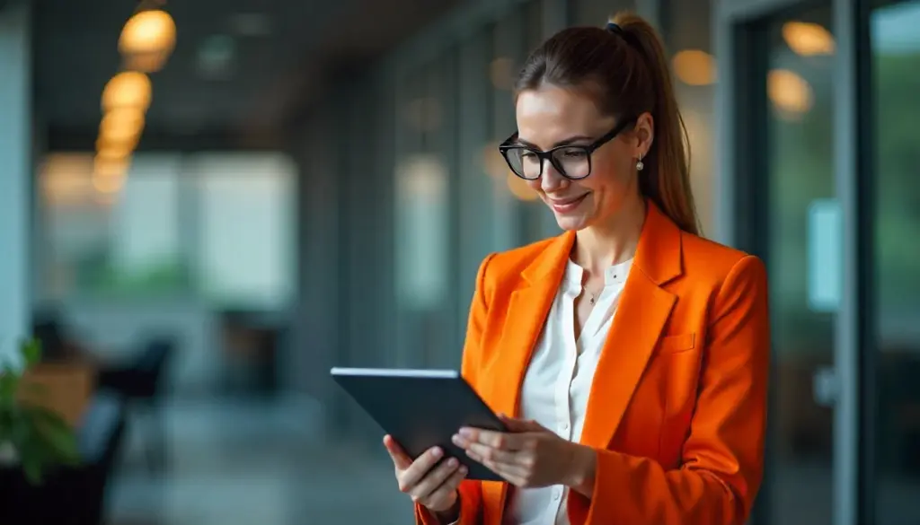Mulher executiva usando blazer laranja e óculos, analisando indicadores de RH em tablet, ambiente corporativo moderno, foco em gestão de recursos humanos.