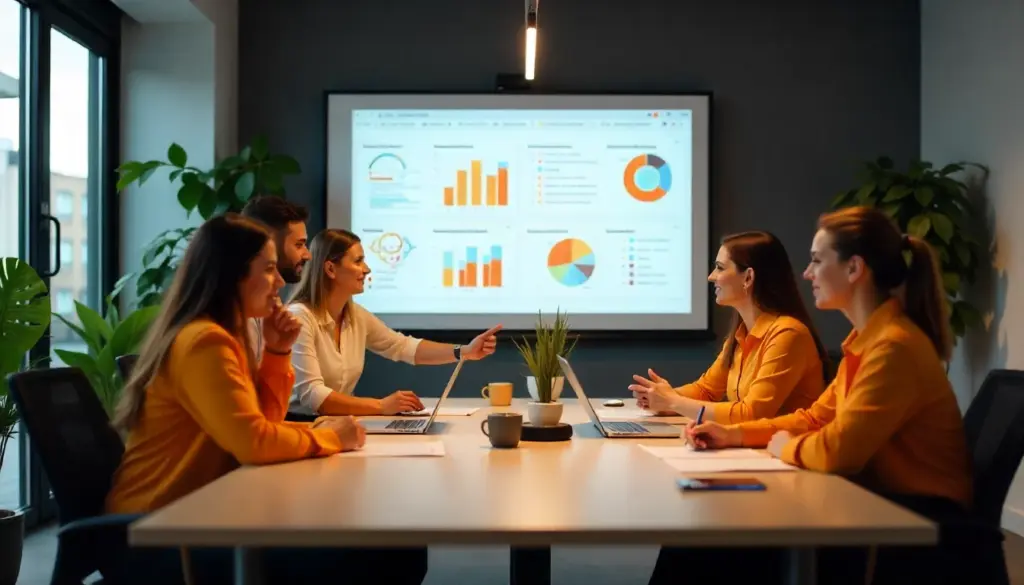 Reunião de profissionais de RH em uma sala de reunião moderna analisando indicadores de recursos humanos exibidos em uma tela digital, incluindo gráficos e gráficos de pizza.