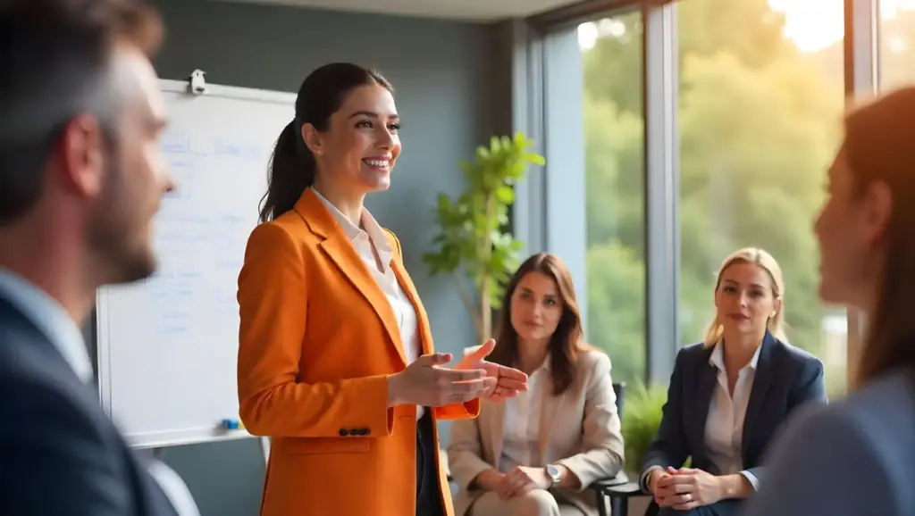 RH Generalista mulher de terno laranja liderando uma reunião de negócios com colegas em ambiente de escritório, ambiente iluminado e com vista para a natureza.