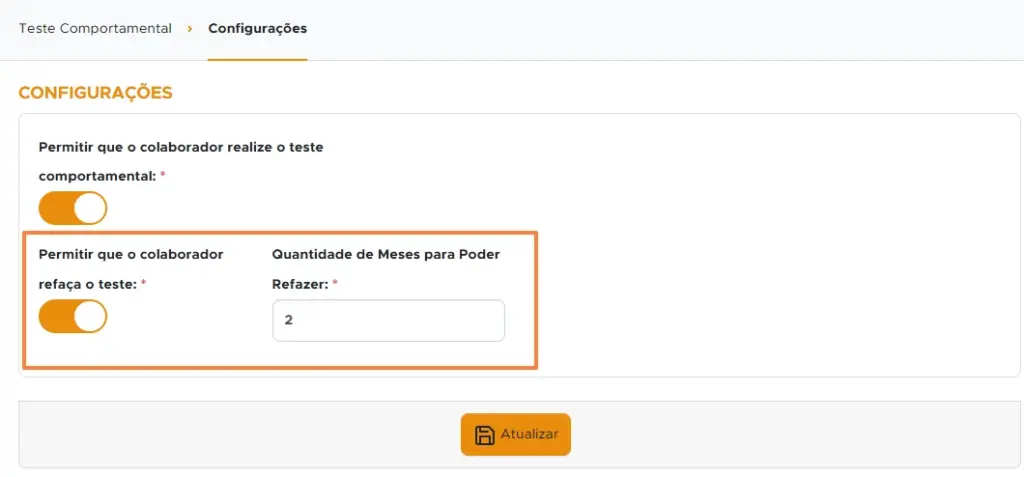 Imagem ilustrativa destacando melhorias de julho 2025 para configurações de testes de comportamento, com opções de refazer o teste e ajustar a quantidade de meses.