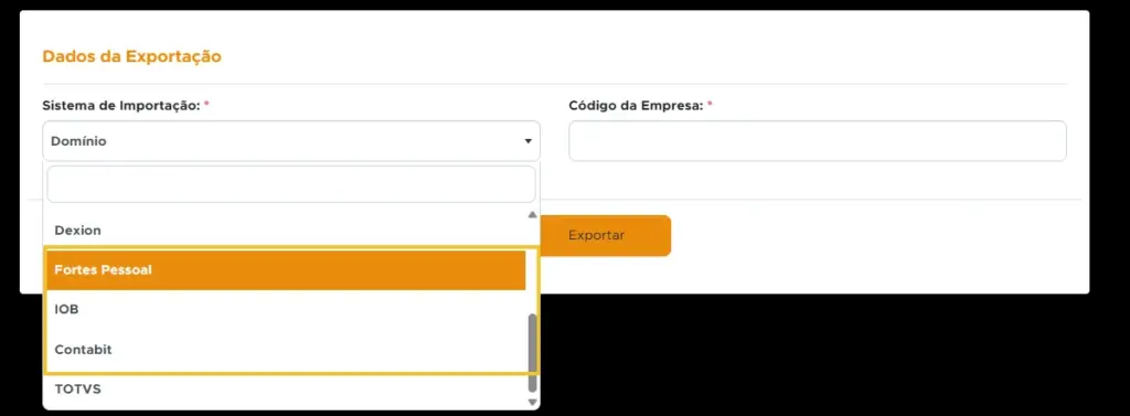 Imagem de uma tela de sistema de exportação de dados empresariais, com opções de sistema de importação e código da empresa, em um ambiente digital. Destaque para melhorias de julho 2025 na gestão de exportações.