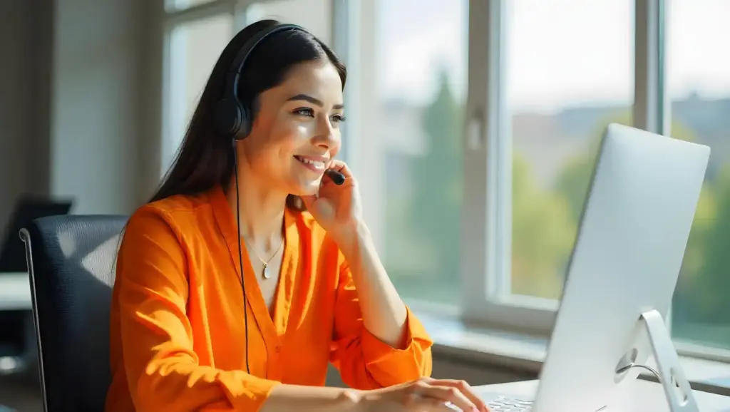 Mulher sorridente atendendo ao telefone em escritório com headset, usando blusa laranja e trabalhando com computador, promovendo suporte ao cliente e comunicação eficaz na Central Alô Trabalho.