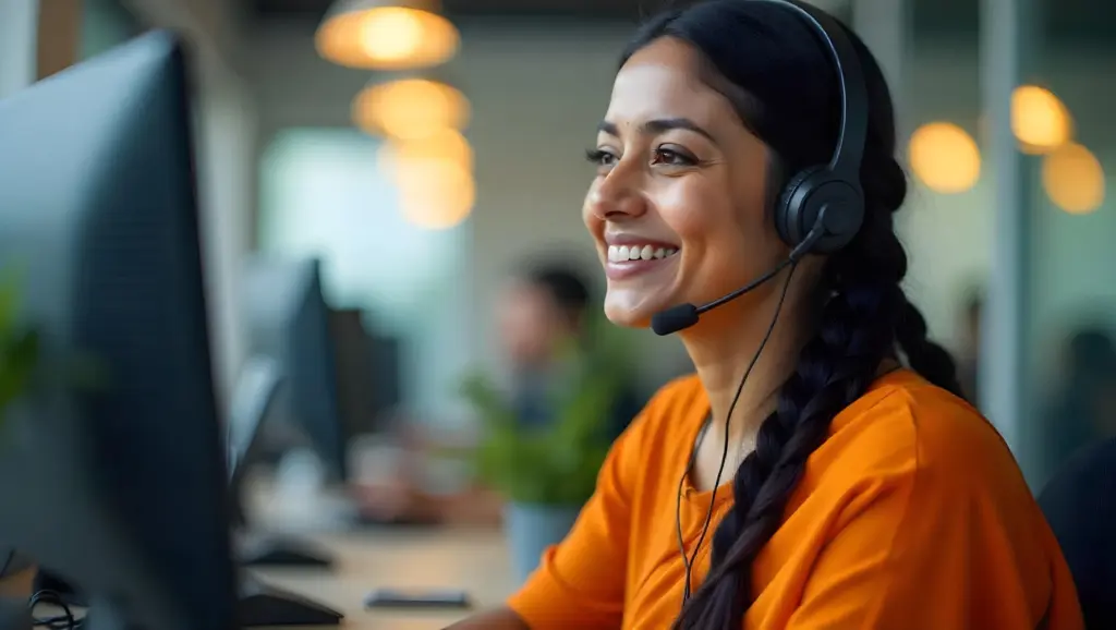 Mulher atendente de call center sorridente usando headset e trabalhando em escritório moderno, promovendo atendimento ao cliente e saúde mental no trabalho com eficiência.