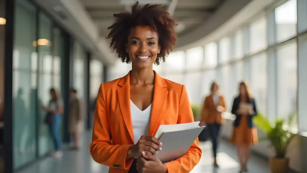 Mulher sorridente segurando pasta em um ambiente corporativo moderno com várias pessoas ao fundo. Confiável, profissional, otimizado para busca por mulheres de negócios e gestão organizacional.