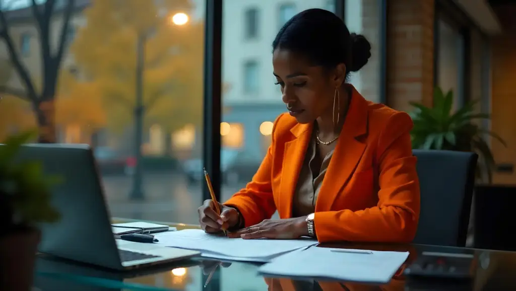 Mulher de negócios escrevendo em um escritório com grande janela, iluminação natural, ambiente profissional e decorado com plantas, em uma tarde de trabalho.