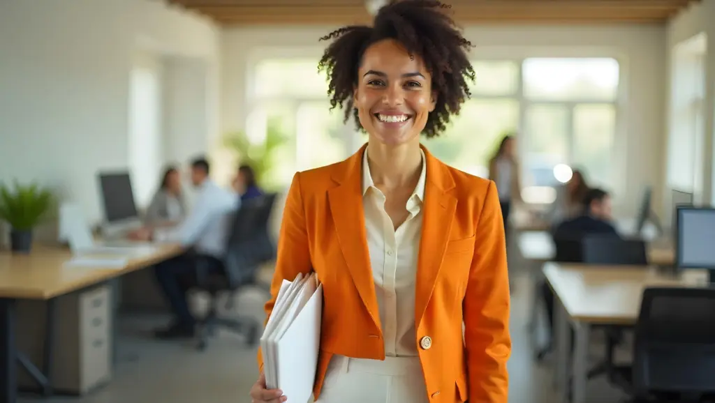 Mulher de negócios com ótimas habilidades profissionais sorridente usando blazer laranja em ambiente de escritório moderno, com colegas ao fundo trabalhando em computadores.