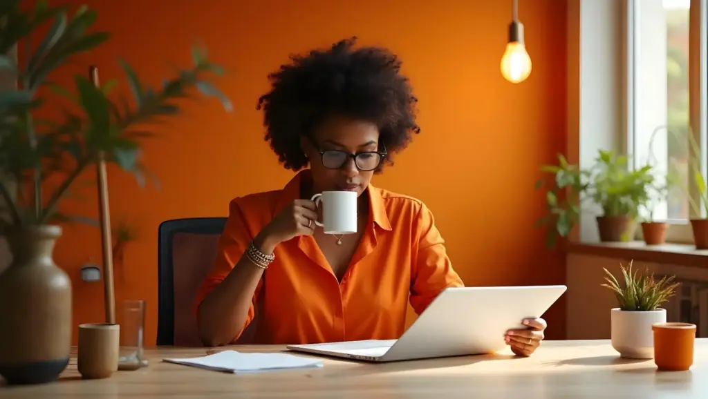 Mulher negra com cabelo afro usando óculos e camisa laranja, sentada em uma mesa de madeira, bebendo café e trabalhando com laptop em um ambiente bem iluminado e aconchegante, decorado com plantas e uma lâmpada exposta. Ideal para quem busca dicas de produtividade e foco no trabalho.
