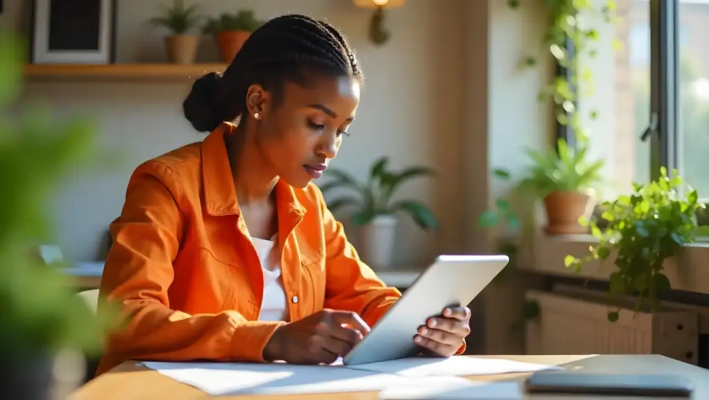 Mulher negra usando um tablet em um ambiente bem iluminado com plantas ao fundo, representando produtividade e tecnologia e acesso ao FGTS.