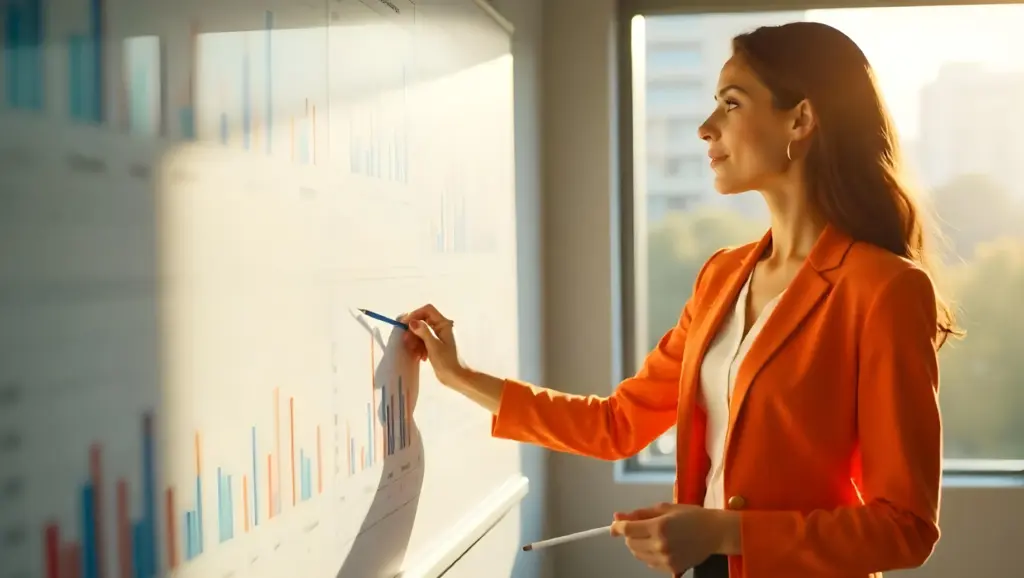 Mulher de cabelo castanho, usando blazer laranja, apresenta gráficos de crescimento em uma tela de quadro branco durante uma reunião de negócios ao lado de uma janela.