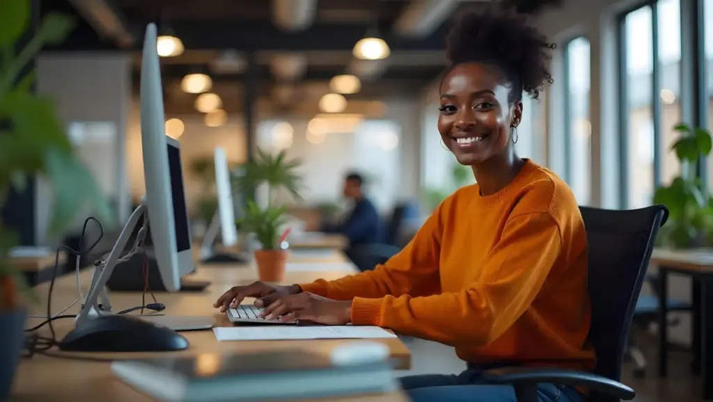 RH Generalista mulher sorridente trabalhando em escritório moderno com computadores e plantas, utilizando um computador desktop e teclado, em ambiente de coworking.