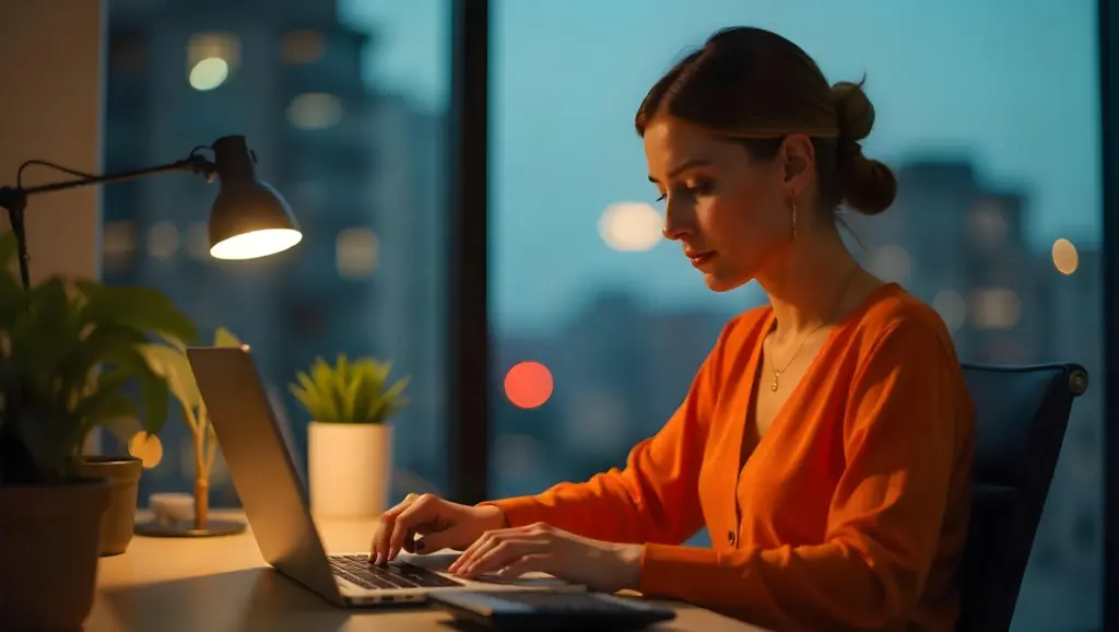 RH Generalista mulher trabalhando no computador à noite em um escritório com iluminação suave e vista de cidade ao fundo, destacando foco e produtividade.