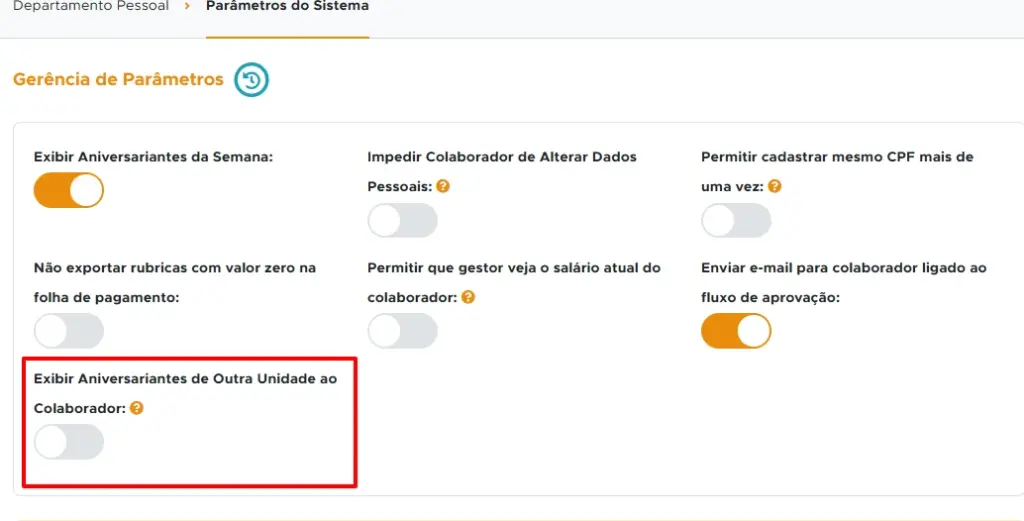 Configurações de parâmetros de gestão no sistema de departamento pessoal, incluindo opções de aniversário de unidade e permissões de dados.