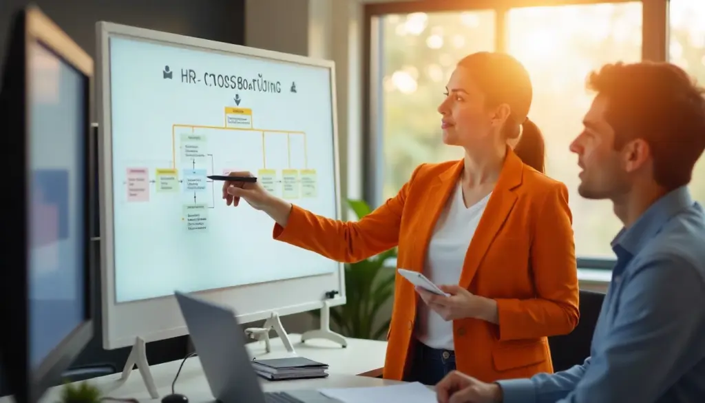 Profissional apresentando processo de crossboarding durante reunião de RH, com equipe analisando gráficos e estratégias de integração de novos colaboradores.