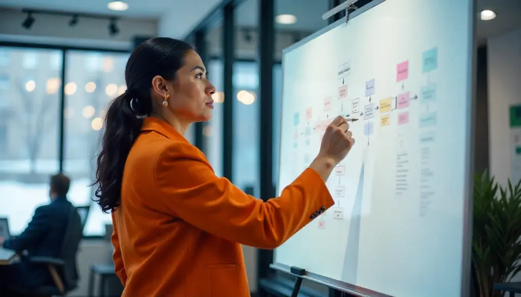 Profissional de negócios planejando uma estratégia de crossboarding em uma sala de reuniões moderna com quadro branco digital