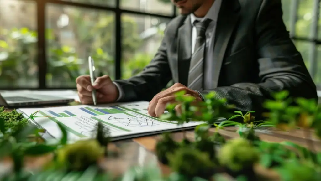 Homem de terno planeja projetos sustentáveis em ambiente de escritório com plantas ao redor, promovendo agenda ambiental.