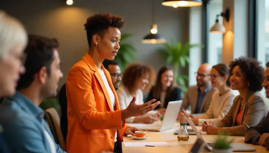 Reunião de equipe de RH discutindo indicadores de RH e desempenho organizacional em ambiente de escritório.