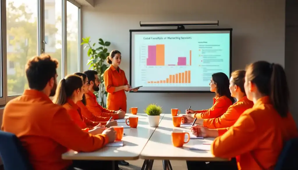Reunião de equipe em treinamento de crossboarding, com uma apresentadora exibindo gráficos em uma sala de reunião moderna.