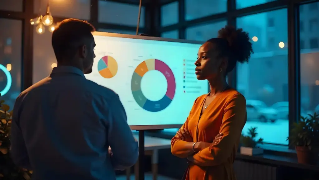 Homem e mulher discutindo gráficos de dados ao lado de um monitor com gráficos circulares em ambiente de escritório moderno.