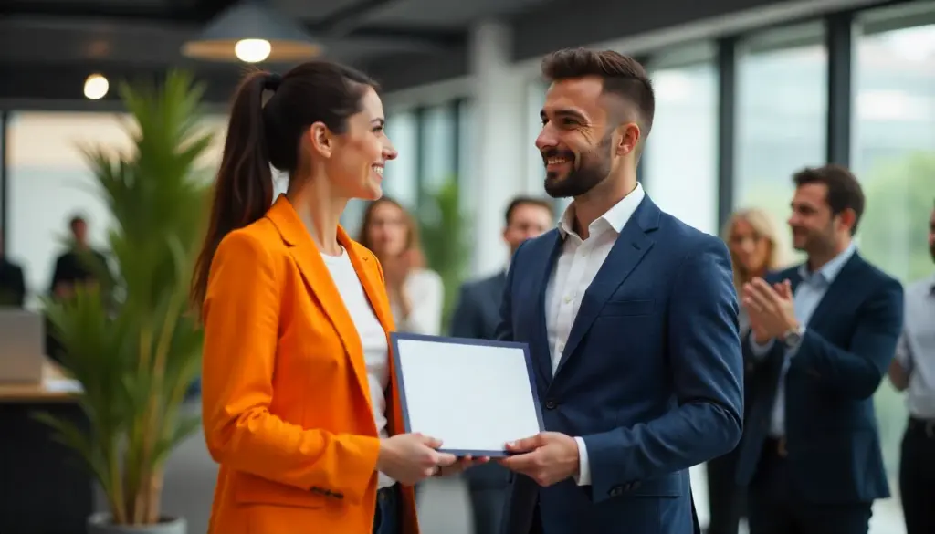 Homem e mulher de negócios trocando um prêmio ou reconhecimento em uma cerimônia, celebrando um quinquênio de sucesso profissional, com colegas ao fundo em ambiente corporativo.