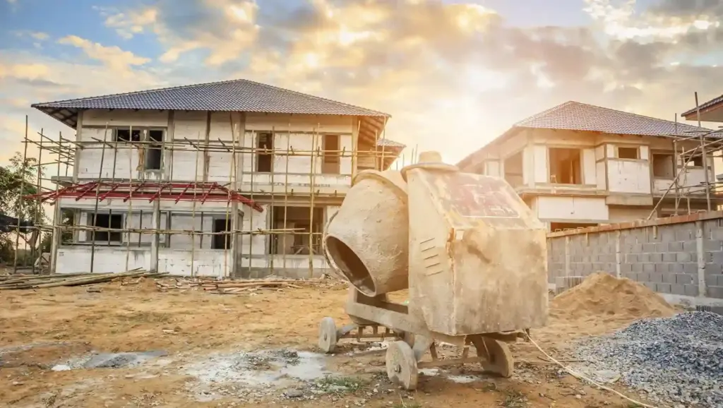 Construção de B&B Engenharia e Construções de casas residenciais em andamento com concreto e escavações no local, céu com nuvens ao entardecer.