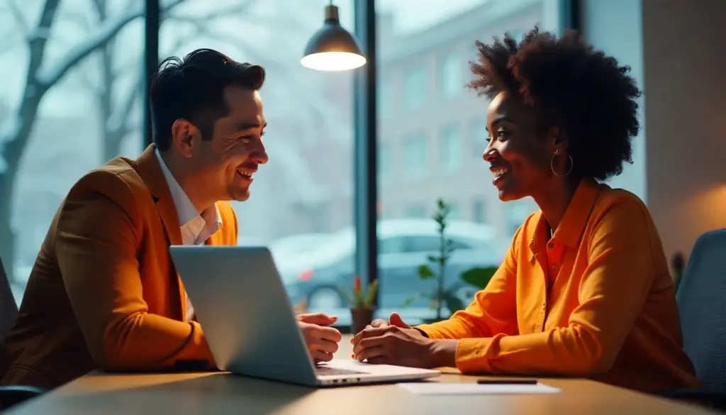 Conversa de entrevista de emprego entre candidato e recrutador durante processo seletivo em escritório moderno.