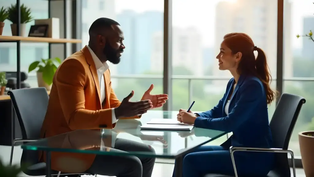 Homem e mulher em uma reunião de negócios, conversando e trocando ideias em um ambiente de escritório moderno com janelas amplas e vista para a cidade.