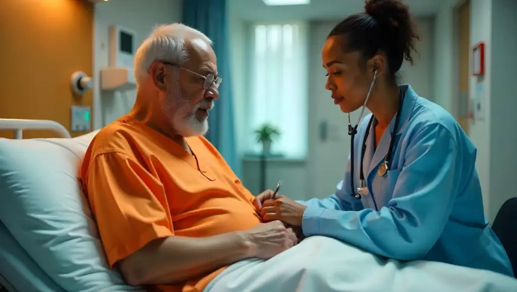 Enfermeira realiza exame de rotina em paciente idoso no hospital, promovendo cuidado e atenção na saúde de idosos.