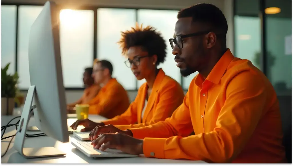 Equipe de profissionais diversificados trabalhando em computadores em um ambiente moderno, colaborando para alcançar objetivos comuns com foco em produtividade