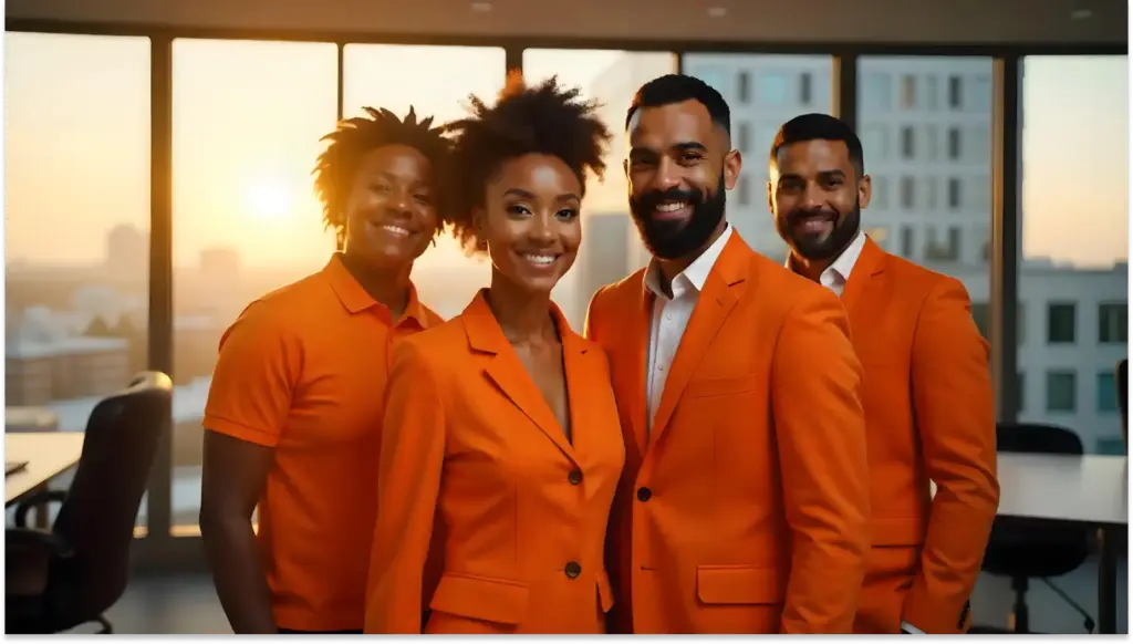 Equipe diversificada de profissionais sorridentes usando roupas laranja em ambiente de escritório moderno, com janelas grandes e vista para a cidade ao pôr do sol, representando trabalho em equipe e diversidade para a Convenção Coletiva de Trabalho.
