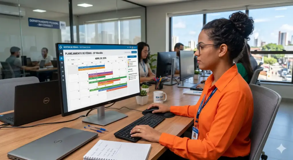 Profissional de RH planejando a gestão de férias na prática utilizando um software especializado em uma sala de escritório moderna e bem iluminada, com equipe ao fundo.