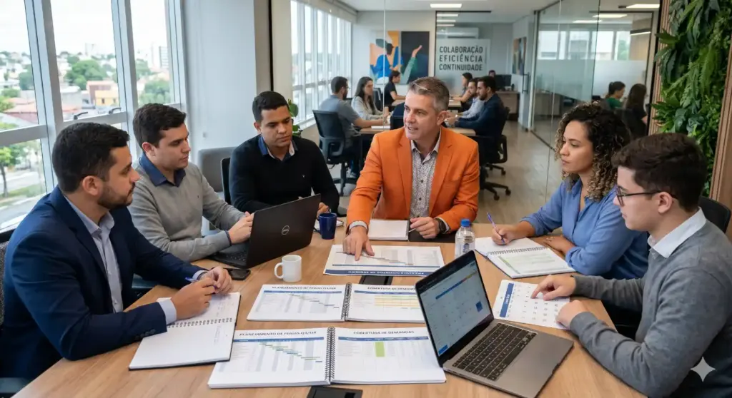 Reunião de equipe no ambiente corporativo com foco em gestão de férias na prática, destacando a importância do planejamento e organização por parte do setor de RH e DP.